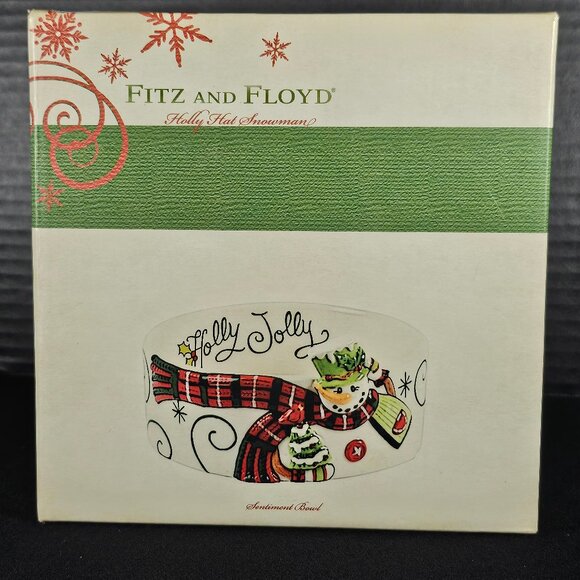 Fitz and Floyd Holly Hat Snowman White Embossed Sentiment Bowl In Original Box - Picture 3 of 11
